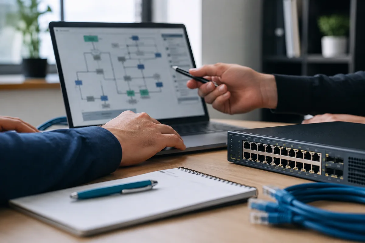 Hands collaborating around a laptop and network equipment
